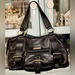 Michael Kors Austin Satchel Black Leather Shoulder Bag with Gold Accents